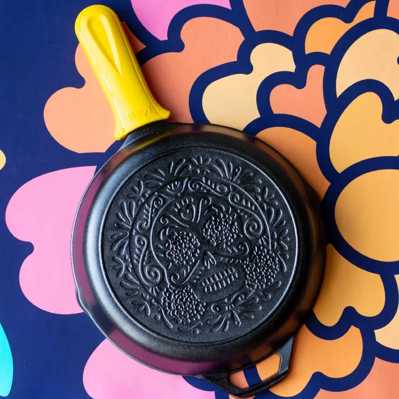 Seasoned Cast Iron Sugar Skull Skillet with Deluxe Handle Holder