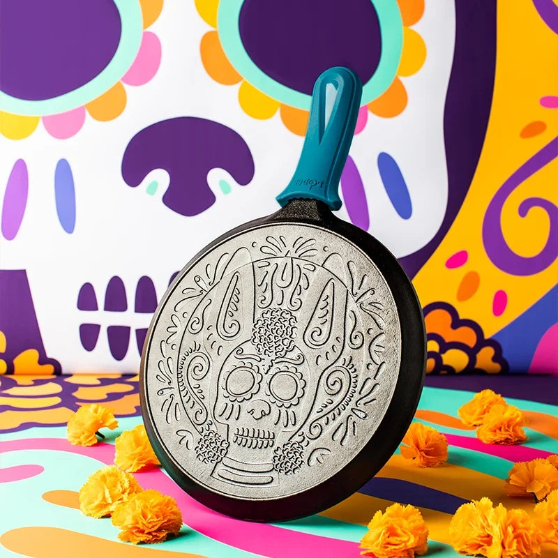 10.5 Inch Seasoned Cast Iron Xolo Sugar Skull Griddle with Deluxe Handle Holder